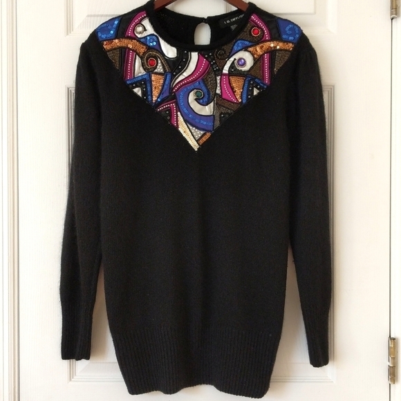 I. B. Diffusion 80's Vintage Funky Embellished Patch Yoke Silk Sweater Black L - Picture 1 of 12